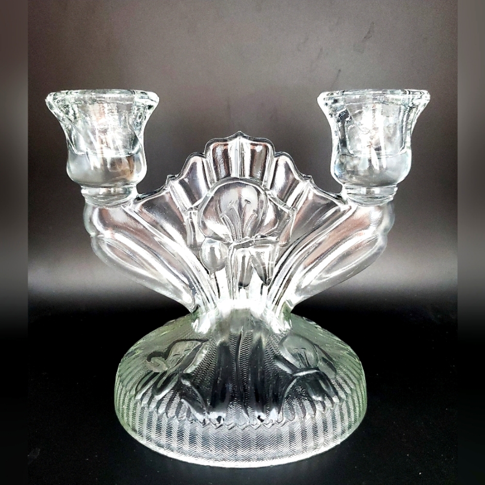 Vintage Depression Glass Double Taper Candle Holder Jeannette Glass Iris Flower